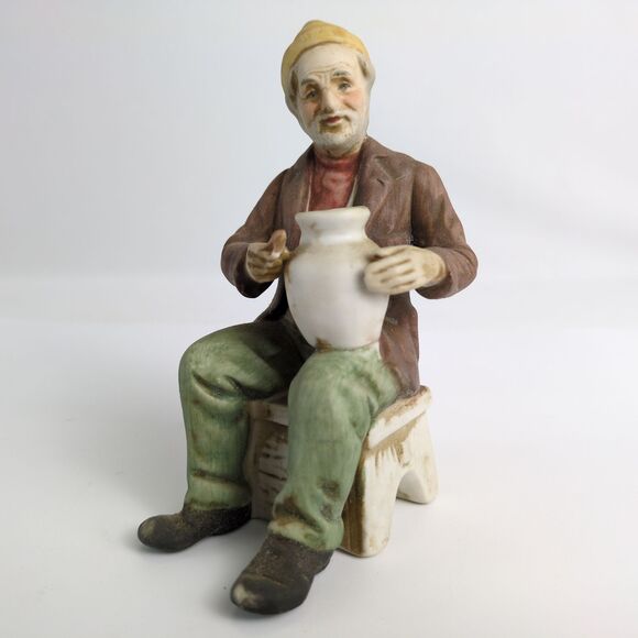 Vintage Old Man Potter Making Pottery Vase Bisque Porcelain Sit 5.5" Figurine - Picture 1 of 6